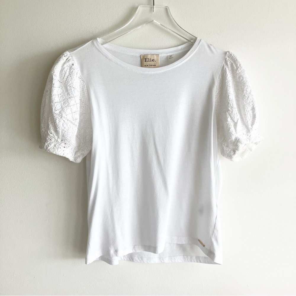 Elie. Elie Tahari Small Eyelet Puff Short Sleeve Top White Tee Spring Summer